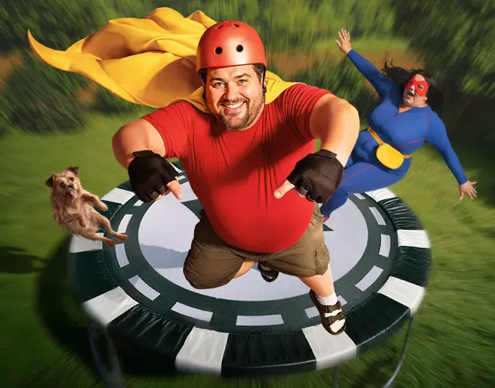 Vegas Hero app alternative: mobile casino hero mascot bouncing on a casino-chip trampoline